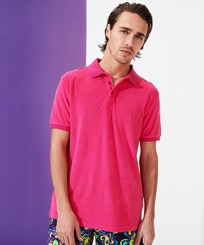 Men Others Solid - Men Terry Polo Shirt Solid, Shocking pink front worn view