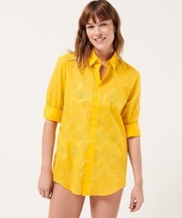 Men Others Solid - Unisex Cotton Voile Light Shirt Solid, Yellow women front worn view