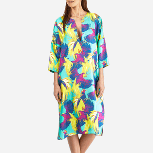 Women 052 Printed - Women Long Twill Silk Tunic Dress Birds of Paradise, Veronese green supp1 Women 052 Printed - Women Long Twill Silk Tunic Dress Birds of Paradise, Veronese green supp1