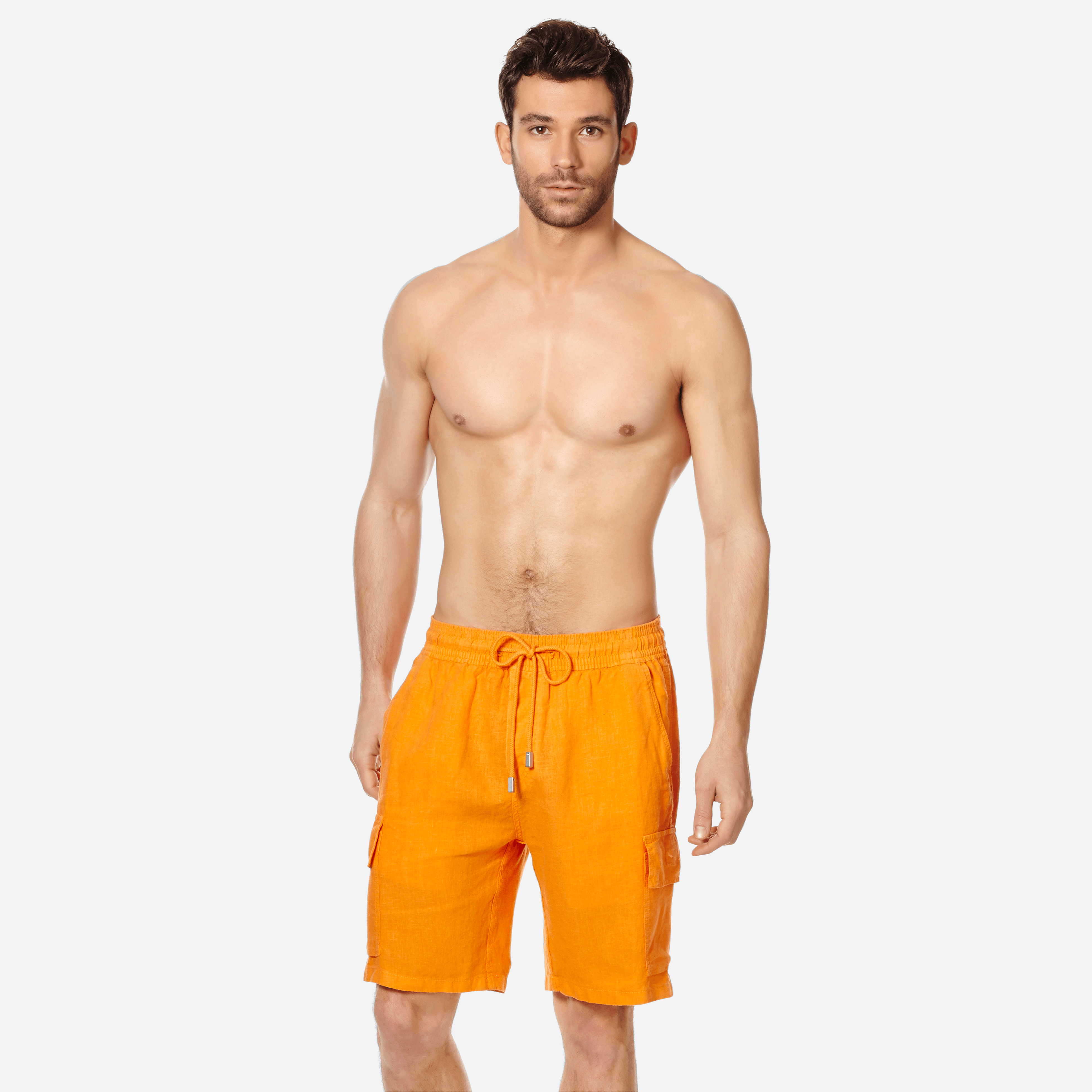 PRET A PORTER HOMME - Bermuda poches cargo en Lin Homme Uni - BERMUDA - BAIE - Orange - 4XL - Vilebr