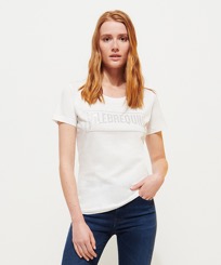 Women Others Solid - Women Cotton Vilebrequin Rhinestone T-shirt, Off white front worn view