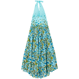 Donna Altri Stampato - Vestito donna lungo con scollo sulla schiena in cotone Butterflies, Laguna vista frontale