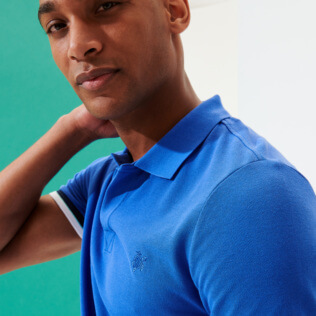 Picture of Men Others Solid - Men Cotton Pique Polo Shirt Solid, Sea blue details view 5 Picture of Men Others Solid - Men Cotton Pique Polo Shirt Solid, Sea blue details view 5