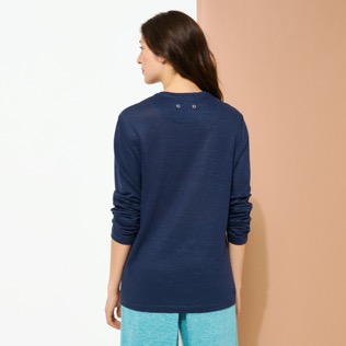 Men Others Solid - Unisex Linen Long Sleeves T-shirt Solid, Navy back worn view