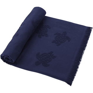 Others Solid - Beach Towel in Organic Cotton Turtles Jacquard, Navy front worn view