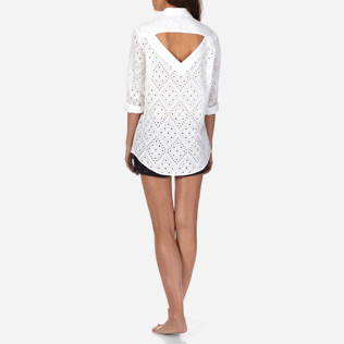Mujer Camisetas Bordado - Camisa de algodón anudada alrededor del cuello con bordado de troquelado para mujer, Blanco supp4 Mujer Camisetas Bordado - Camisa de algodón anudada alrededor del cuello con bordado de troquelado para mujer, Blanco supp4