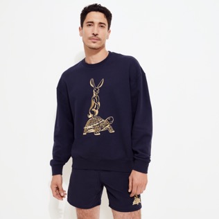 Men Cotton Sweatshirt Embroidered The year of the Rabbit Navy front worn view