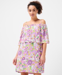 Women Others Printed - Women Off the Shoulder Short Dress Rainbow Flowers, Cyclamen front worn view