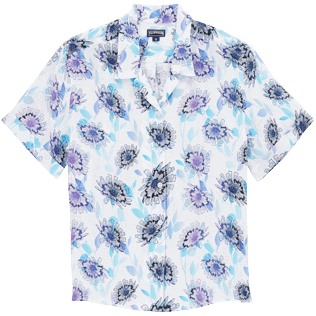 Camisa de lino de manga corta con estampado Flash Flowers para mujer Purple blue vista frontal