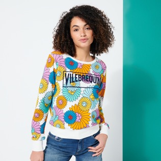 Damen Andere Bedruckt - Marguerites Sweatshirt aus Baumwolle mit aufgeflocktem Vilebrequin Logo für Damen, Weiss Vorderseite getragene Ansicht