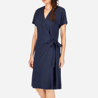 Mujer Autros Liso - Vestido envolvente de lino liso, Azul marino supp1 Mujer Autros Liso - Vestido envolvente de lino liso, Azul marino supp1