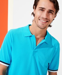 Men Others Solid - Men Cotton Pique Polo Shirt Solid, Azure front worn view