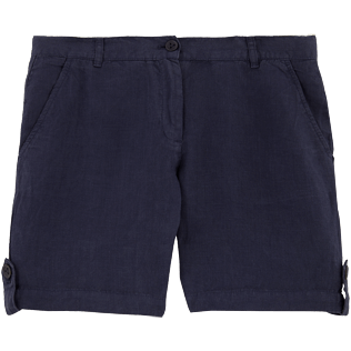 Women Others Solid - Solid Linen Bermuda shorts, Navy front Women Others Solid - Solid Linen Bermuda shorts, Navy front