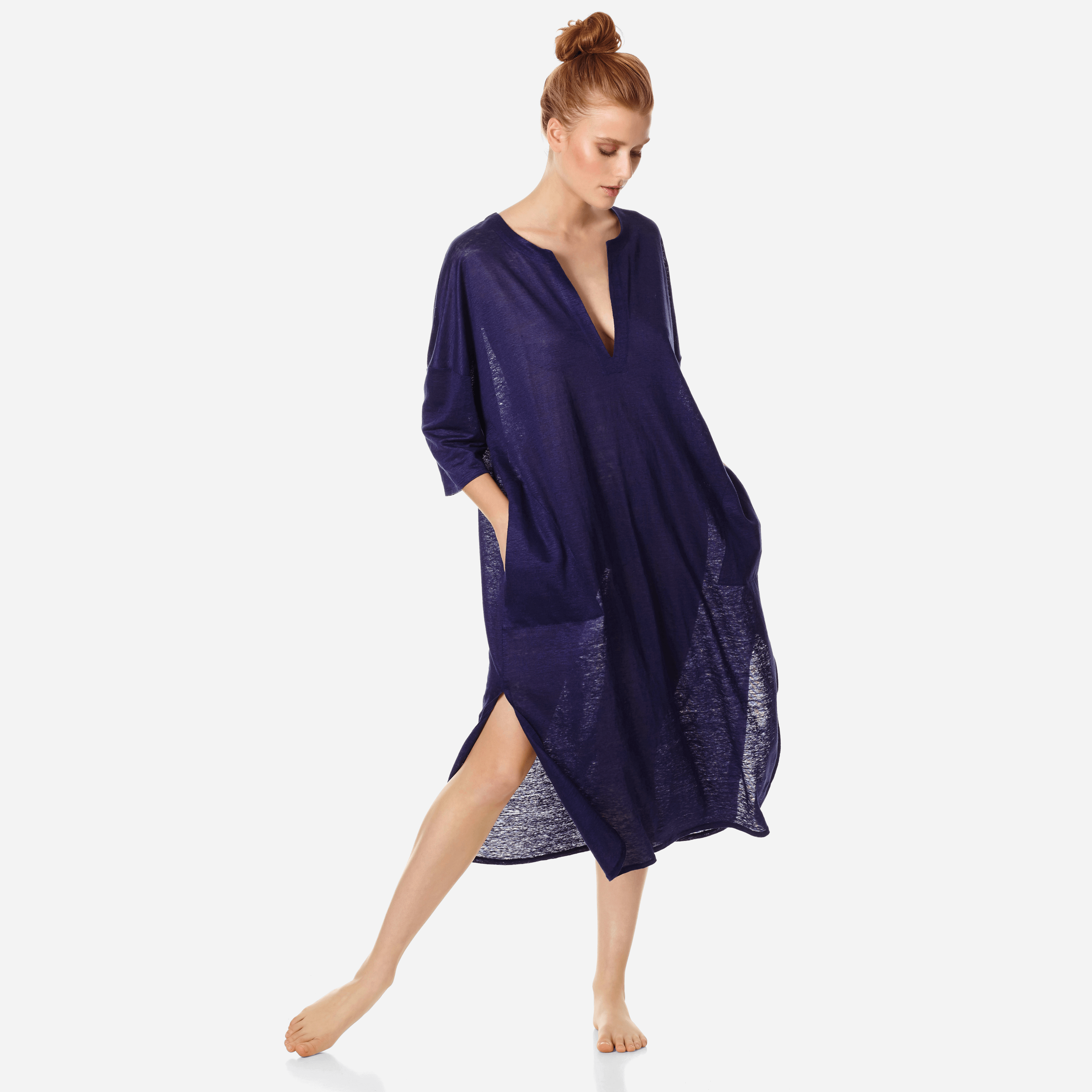 PRET A PORTER FEMME - Robe tunique Longue en jersey de lin Femme unie - COVER-UP - FARLINE - Bleu -