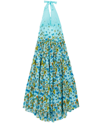 Langes Butterflies Kleid aus Baumwolle mit tiefem Rücken für Damen Lagune Vorderansicht