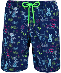 男款 Long classic 印制 - 男士兔子和贵宾犬花纹长款泳裤 - 佛罗伦萨·布罗德赫斯特风格, Navy 正面图