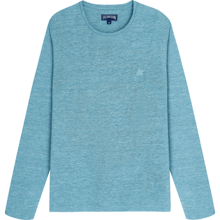 Unisex Linen Jersey T-Shirt Solid Heather azure vista frontal