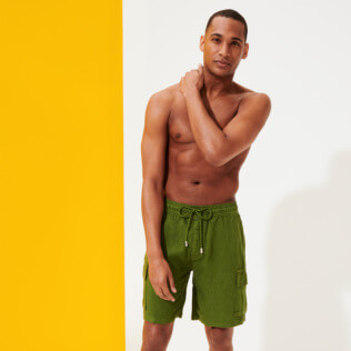 Men Others Solid - Men Cargo Linen Bermuda Shorts Solid, Sycamore frontworn Men Others Solid - Men Cargo Linen Bermuda Shorts Solid, Sycamore frontworn