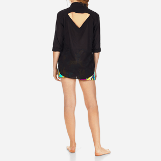 Mujer Autros Liso - Camisa en gasa de algodón liso con tirantes para anudar alrededor del cuello para mujer, Negro supp4 Mujer Autros Liso - Camisa en gasa de algodón liso con tirantes para anudar alrededor del cuello para mujer, Negro supp4