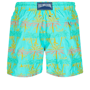 Men Classic Embroidered - Men Swim Trunks Embroidered 1990 Striped Palms - Limited Edition, Lazulii blue back view
