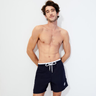 Men Classic Solid - Men Swim Trunks Bicolor Solid, Navy frontworn Men Classic Solid - Men Swim Trunks Bicolor Solid, Navy frontworn