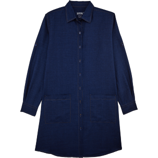 Women Dresses Solid - Indigo Long Linen Shirt, Indigo front Women Dresses Solid - Indigo Long Linen Shirt, Indigo front