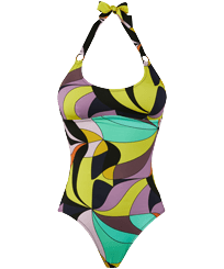 Damen Einteiler Bedruckt - 1984 Invisible Fish Neckholder-Badeanzug für Damen, Schwarz Vorderansicht