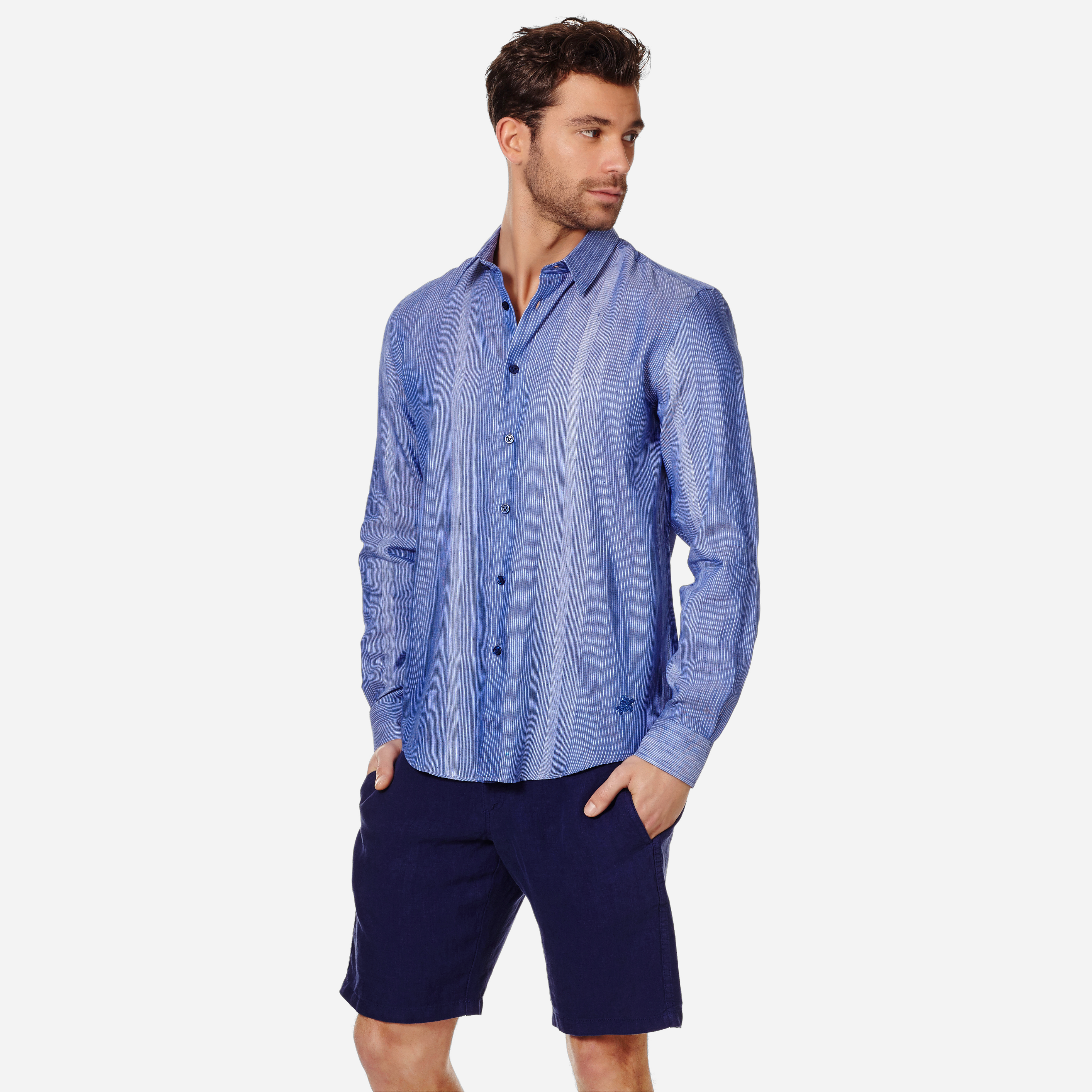 Click to view more detailed imagery on our partner's website Vilebrequin Caracal Striped Linen And Cotton-Blend Sihrt In Blue