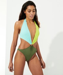 Women Trikini Solid - Women Trikini One-piece Swimsuit Solid, Sycamore front worn view