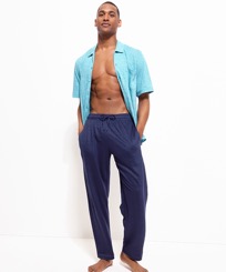 Unisex Linen Jersey Pants Solid Blu marine vista frontale indossata