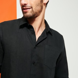 Hombre Autros Liso - Camisa de lino lisa para hombre, Negro detalles vista 2