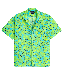 Men Bowling Shirt Linen and Cotton Turtles Smiley - Vilebrequin x Smiley® Lazulii blue front view