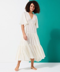女款 Others 纯色 - Women Mid-length Cotton Dress Solid, Chalk 正面穿戴视图