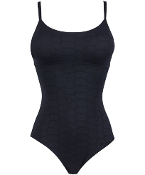 Damen Einteiler Uni - Ecailles de Tortues Badeanzug mit Rundhalsausschnitt für Damen, Schwarz Vorderansicht