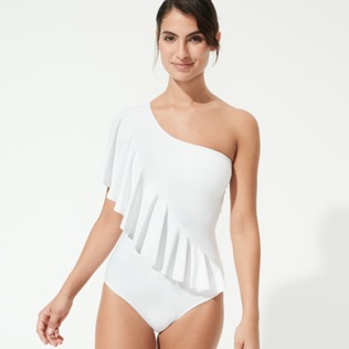 Women One piece Solid - Women Asymetrical Ruffles One-piece Swimsuit Solid, White front worn view