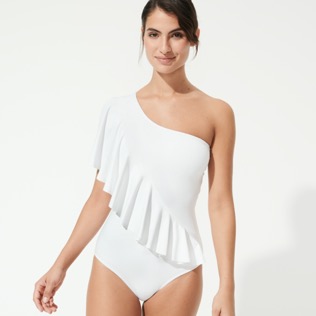 Picture of Women One piece Solid - Women Asymetrical Ruffles One-piece Swimsuit Solid, White front worn view Picture of Women One piece Solid - Women Asymetrical Ruffles One-piece Swimsuit Solid, White front worn view