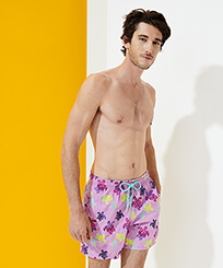 Men Classic Embroidered - Men Swimwear Embroidered Ronde des Tortues Aquarelle - Limited Edition, Pink berries front worn view