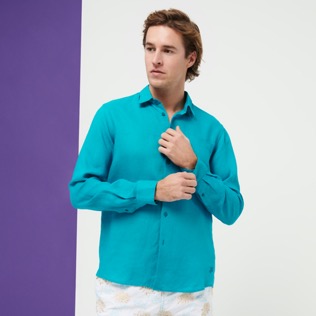 Hombre Autros Liso - Camisa de lino lisa para hombre, Ming blue vista frontal desgastada