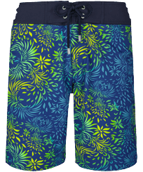 Men Flat belts Printed - Men Long Flat Belt Swim Trunks Evening Birds, Batik blue front view