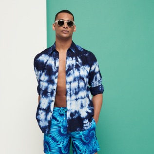 Men Others Printed - Men Linen and Cotton Fonds Marins Tie & Dye Shirt, Navy details view 6