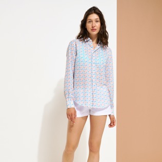 Imagen de Autros Estampado - Camisa de verano en gasa de algodón con estampado 2007 Snails unisex, Lazulii blue vista frontal desgastada Imagen de Autros Estampado - Camisa de verano en gasa de algodón con estampado 2007 Snails unisex, Lazulii blue vista frontal desgastada