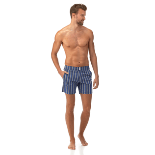 Men Fitted Printed - V Fish Fitted cut Swim shorts, Navy frontworn Men Fitted Printed - V Fish Fitted cut Swim shorts, Navy frontworn