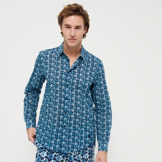 Men Others Printed - Unisex Cotton Voile Summer Shirt Batik Fishes, Navy front worn view