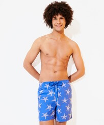 Men Classic Embroidered - Men Swim Trunks Embroidered 1997 Starlettes - Limited Edition, Sea blue front worn view