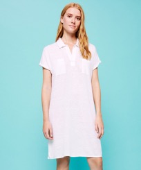 Women Linen Long Polo Dress Solid White front worn view