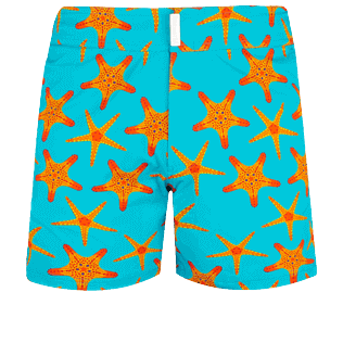 Herren Klassische Strech Bedruckt - Starfish Dance Stretch-Badeshorts mit flachem Bund für Herren, Curacao Vorderansicht