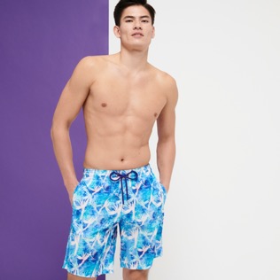 Men Classic Printed - Men Swim Trunks Long Ultra-light and packable Paradise Vintage, Purple blue front worn view