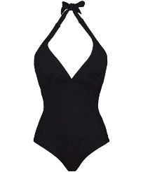 Women Fitted Solid - Women Halter One-Piece Swimsuit Plumes Jacquard, Black front view