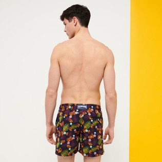Men Classic Embroidered - Men Swim Trunks Embroidered Mix of Flowers - Limited Edition, Navy back worn view