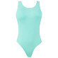 Damen Einteiler Uni - Solid Badeanzug mit überkreuzten Rückenträgern für Damen, Lagune Vorderansicht